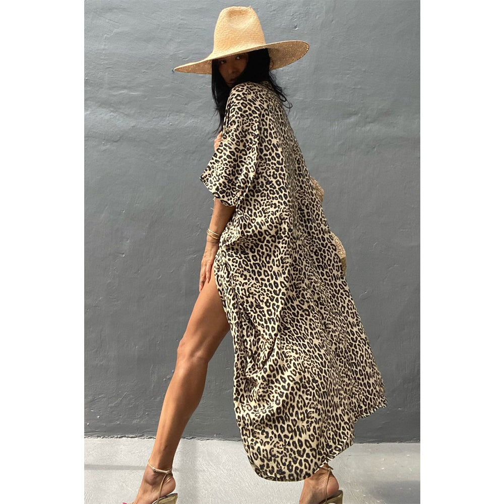Charmo Women's Leopard Print Kimono Style Open Front Tie Waist Cover Up Swimming Maxi Dress
