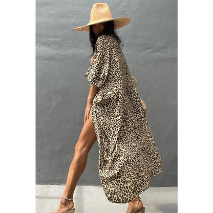 Charmo Women's Leopard Print Kimono Style Open Front Tie Waist Cover Up Swimming Maxi Dress