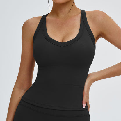 Attraco Women's V-Neck Y-Back Longline Sports Tank Top with Removable Pads
