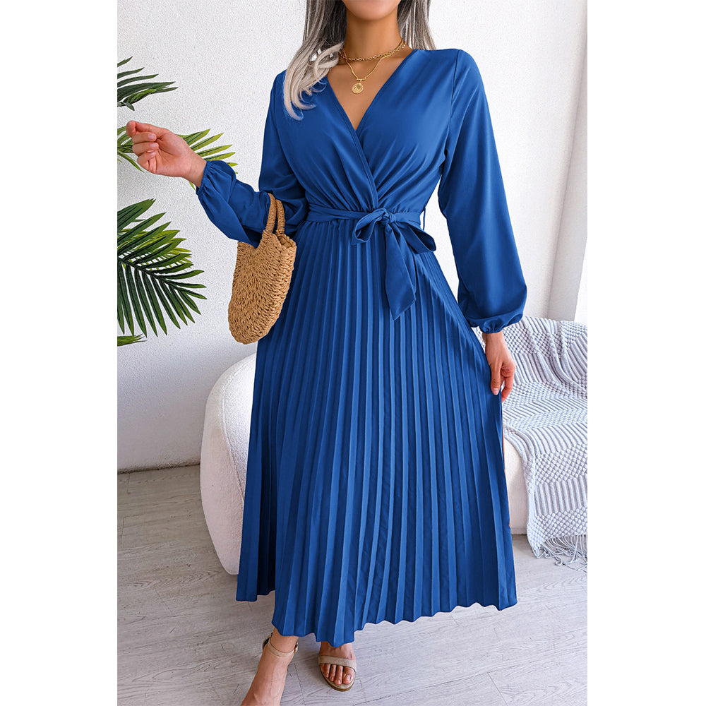 Attraco Women's Wrap V-Neck Pleated Midi Dress Long Balloon Sleeve Belted A-Line Cocktail Wedding Guest Dress