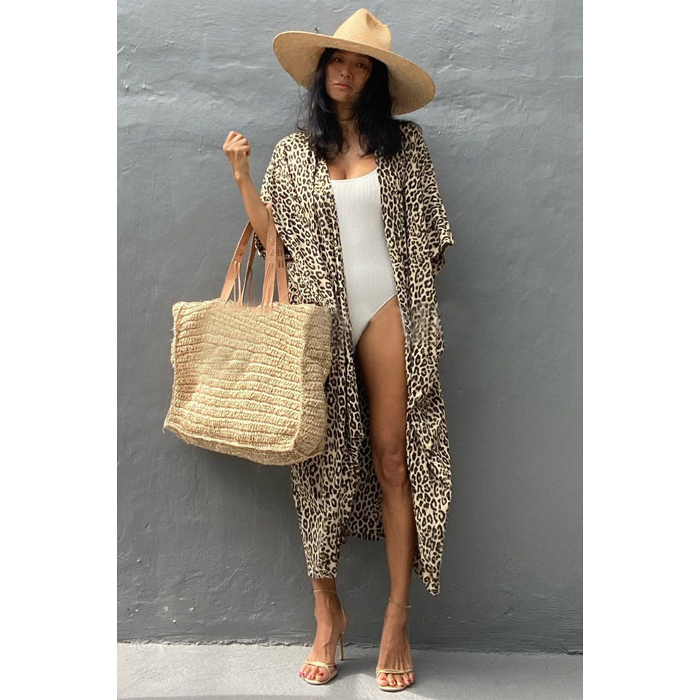 Charmo Women's Leopard Print Kimono Style Open Front Tie Waist Cover Up Swimming Maxi Dress