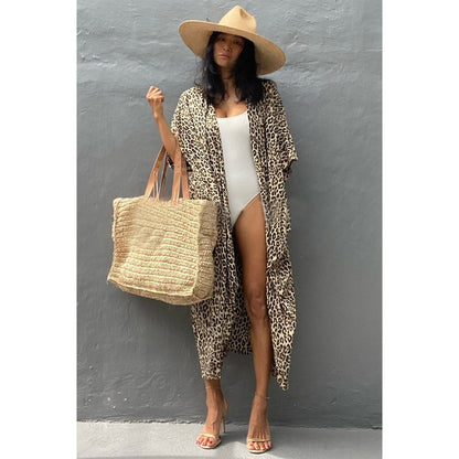 Charmo Women's Leopard Print Kimono Style Open Front Tie Waist Cover Up Swimming Maxi Dress