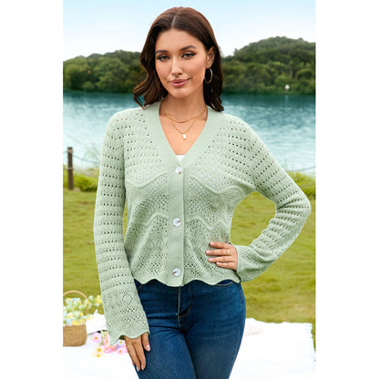 V For City Women's Crochet Knit Bell Sleeve V Neck Open Front Cropped Cardigan Sweaters