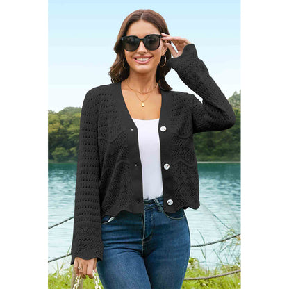 V For City Women's Crochet Knit Bell Sleeve V Neck Open Front Cropped Cardigan Sweaters