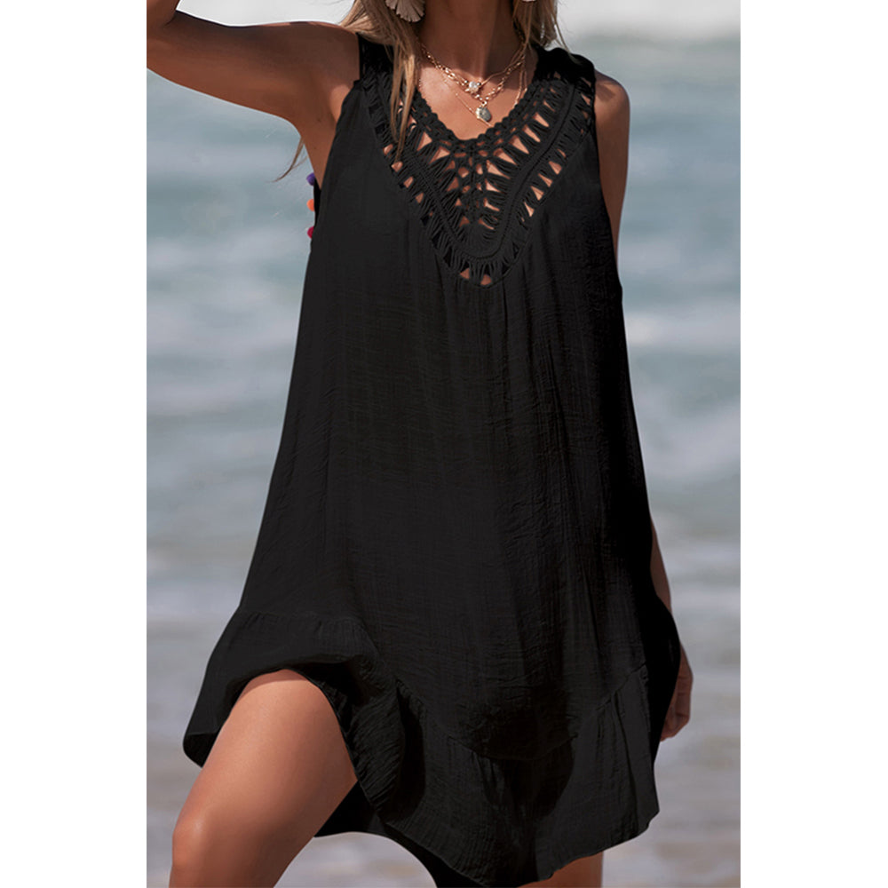 Charmo Women's  Crochet Neckline Pom-Pom Tassel Open Back Sheer Cover Up Dress Beach Dress
