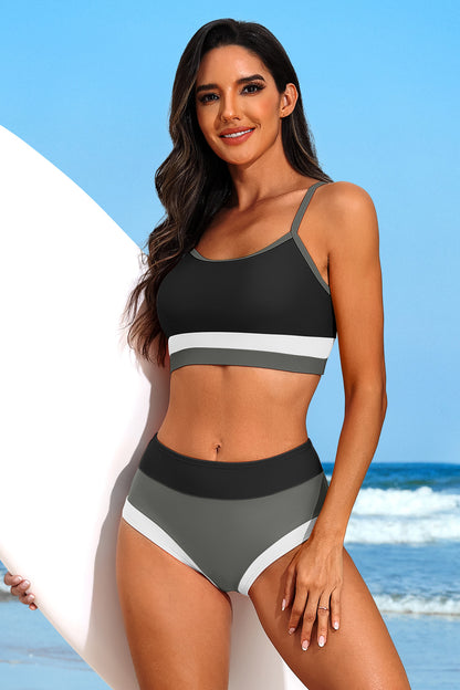 Color Block Two Piece Swimsuit Crop Top Bikini Set-7860