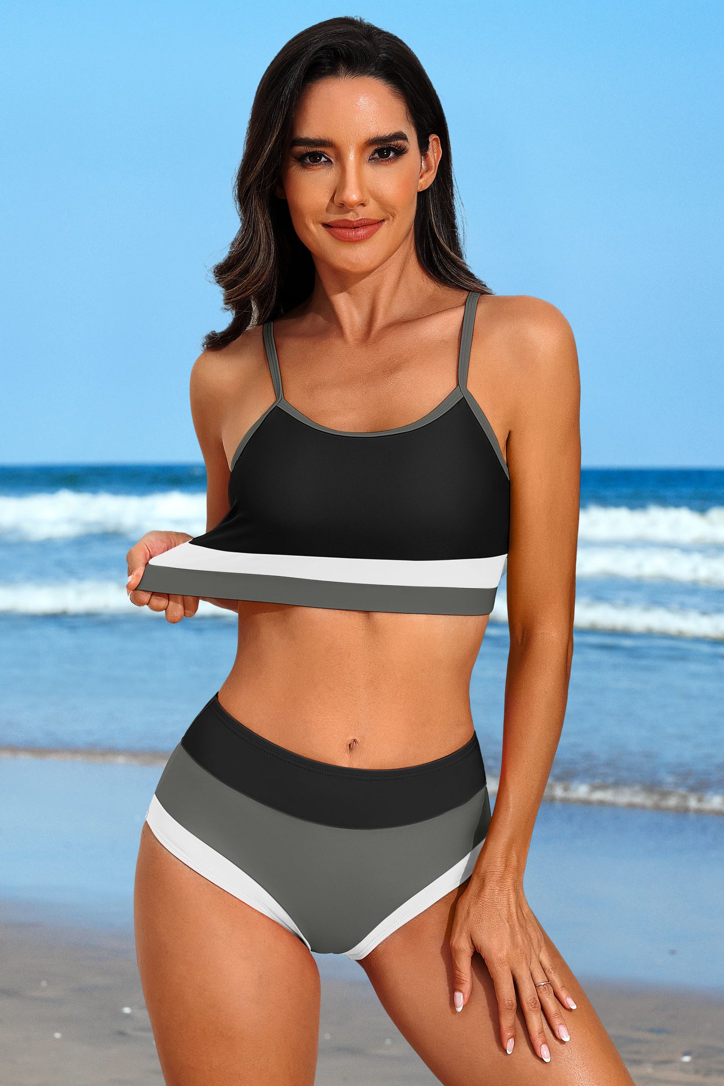 Color Block Two Piece Swimsuit Crop Top Bikini Set-7860