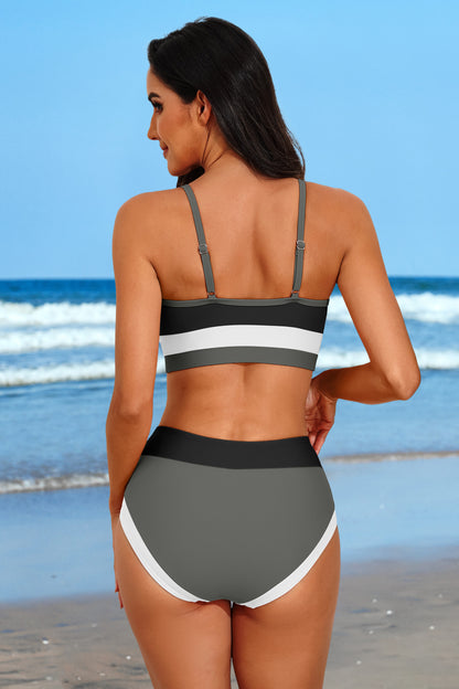Color Block Two Piece Swimsuit Crop Top Bikini Set-7860