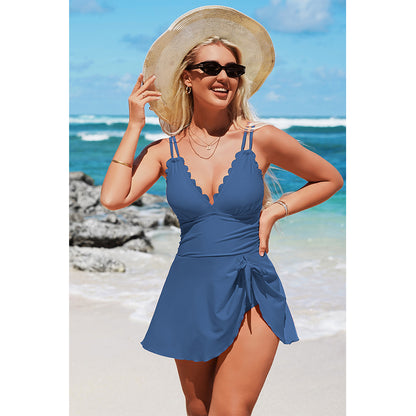 Charmo Women's Scalloped Wrap-Front One Piece Swim Dress Adjustable Tie & Back Bow Detail Swimwear