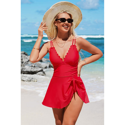 Charmo Women's Scalloped Wrap-Front One Piece Swim Dress Adjustable Tie & Back Bow Detail Swimwear