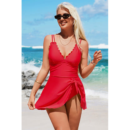 Charmo Women's Scalloped Wrap-Front One Piece Swim Dress Adjustable Tie & Back Bow Detail Swimwear