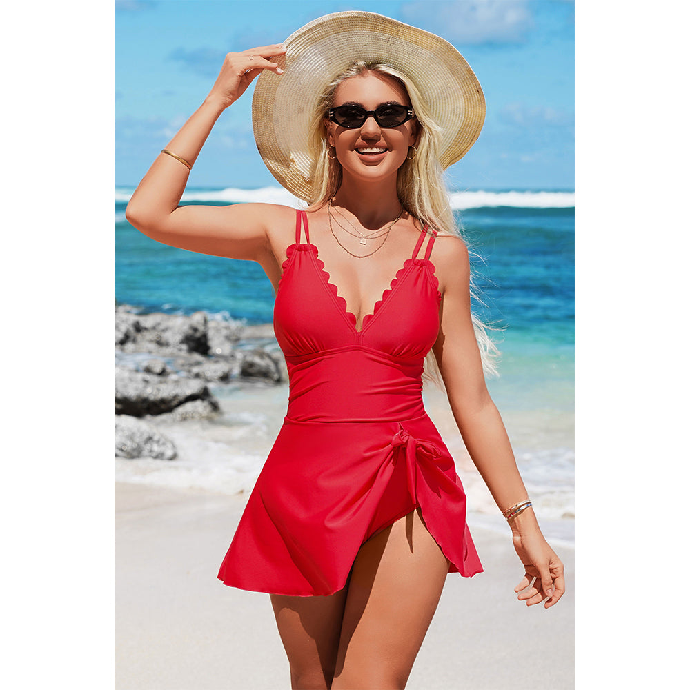 Charmo Women's Scalloped Wrap-Front One Piece Swim Dress Adjustable Tie & Back Bow Detail Swimwear