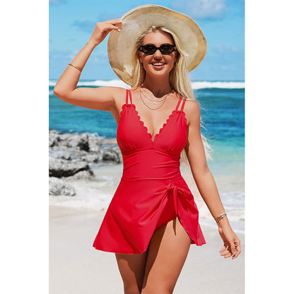 Charmo Women's Scalloped Wrap-Front One Piece Swim Dress Adjustable Tie & Back Bow Detail Swimwear