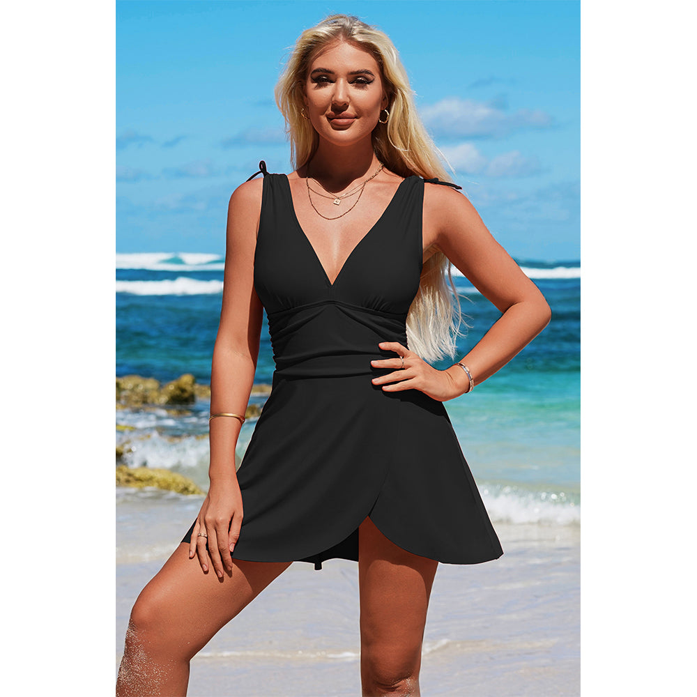 Charmo Women's Wrap-Front One-Piece Swim Dress: Deep V & Adjustable Silhouette for Comfort Swimwear