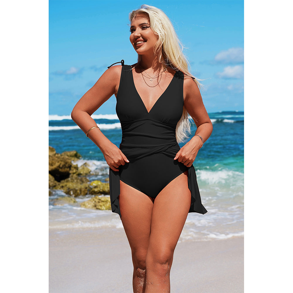 Charmo Women's Wrap-Front One-Piece Swim Dress: Deep V & Adjustable Silhouette for Comfort Swimwear