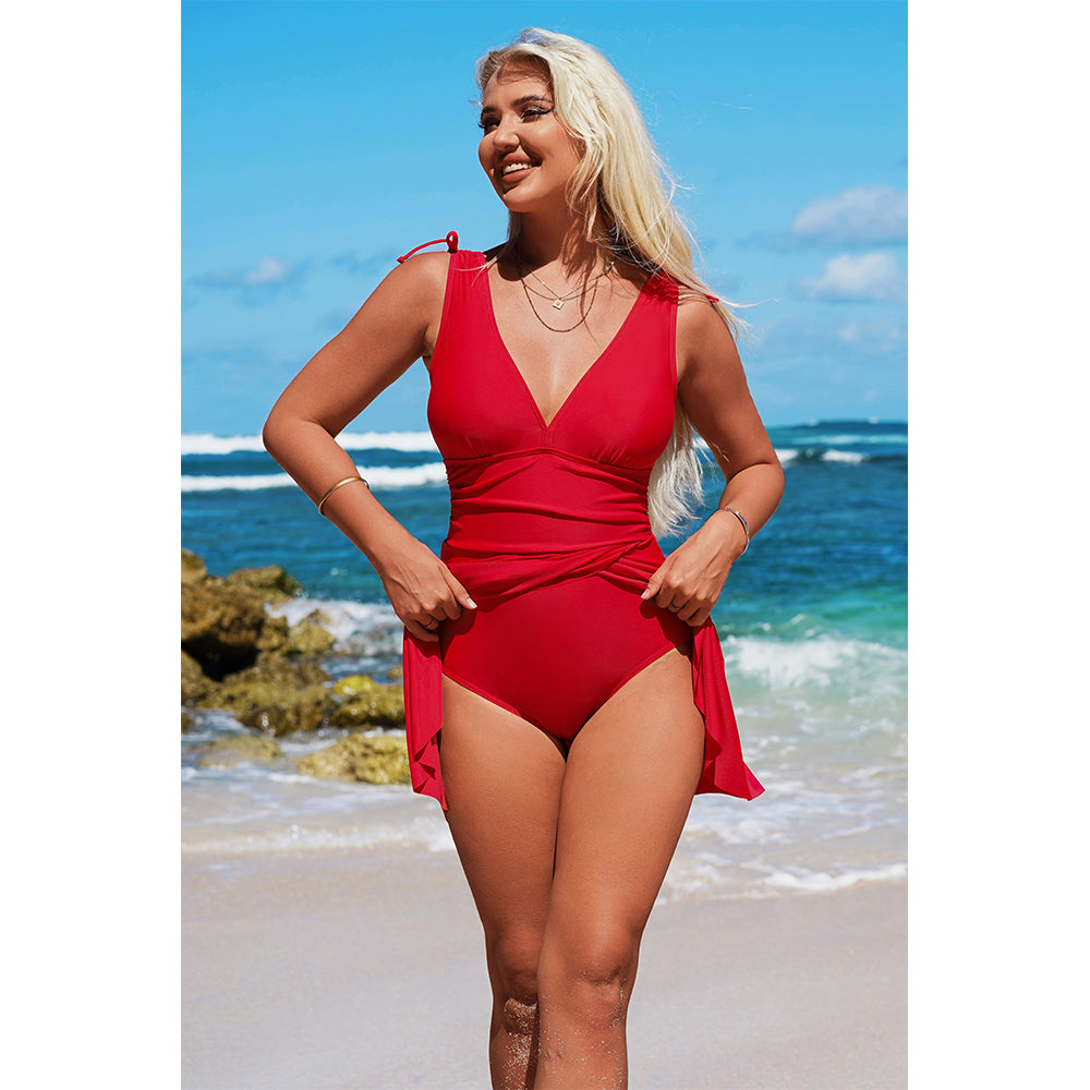 Charmo Women's Wrap-Front One-Piece Swim Dress: Deep V & Adjustable Silhouette for Comfort Swimwear