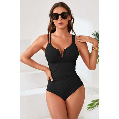 Charmo Women's Ribbed One-Piece Swimsuit Plunging V-NeckAdjustable Straps & Cheeky Coverage Bathing Suit