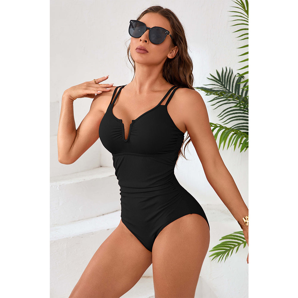 Charmo Women's Ribbed One-Piece Swimsuit Plunging V-NeckAdjustable Straps & Cheeky Coverage Bathing Suit
