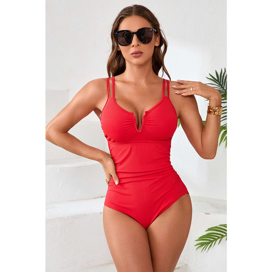 Charmo Women's Ribbed One-Piece Swimsuit Plunging V-NeckAdjustable Straps & Cheeky Coverage Bathing Suit
