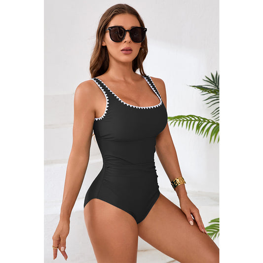 Charmo Women's Scalloped Trim Square-Neck One-Piece Swimsuit Cutout Back & Form-Fit Silhouette Bathing Suit