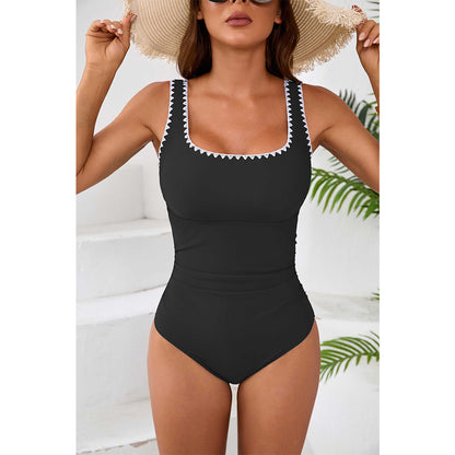 Charmo Women's Scalloped Trim Square-Neck One-Piece Swimsuit Cutout Back & Form-Fit Silhouette Bathing Suit