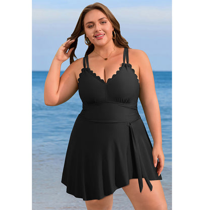 Charmo Women's Plus Size One Piece Swim Dress Tummy Control Swimsuit with Scalloped Neck & Flowy Skirt