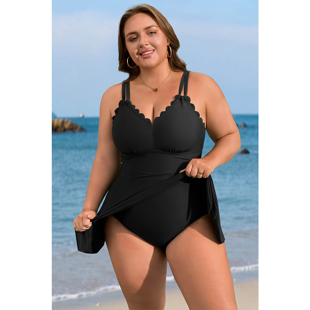 Charmo Women's Plus Size One Piece Swim Dress Tummy Control Swimsuit with Scalloped Neck & Flowy Skirt