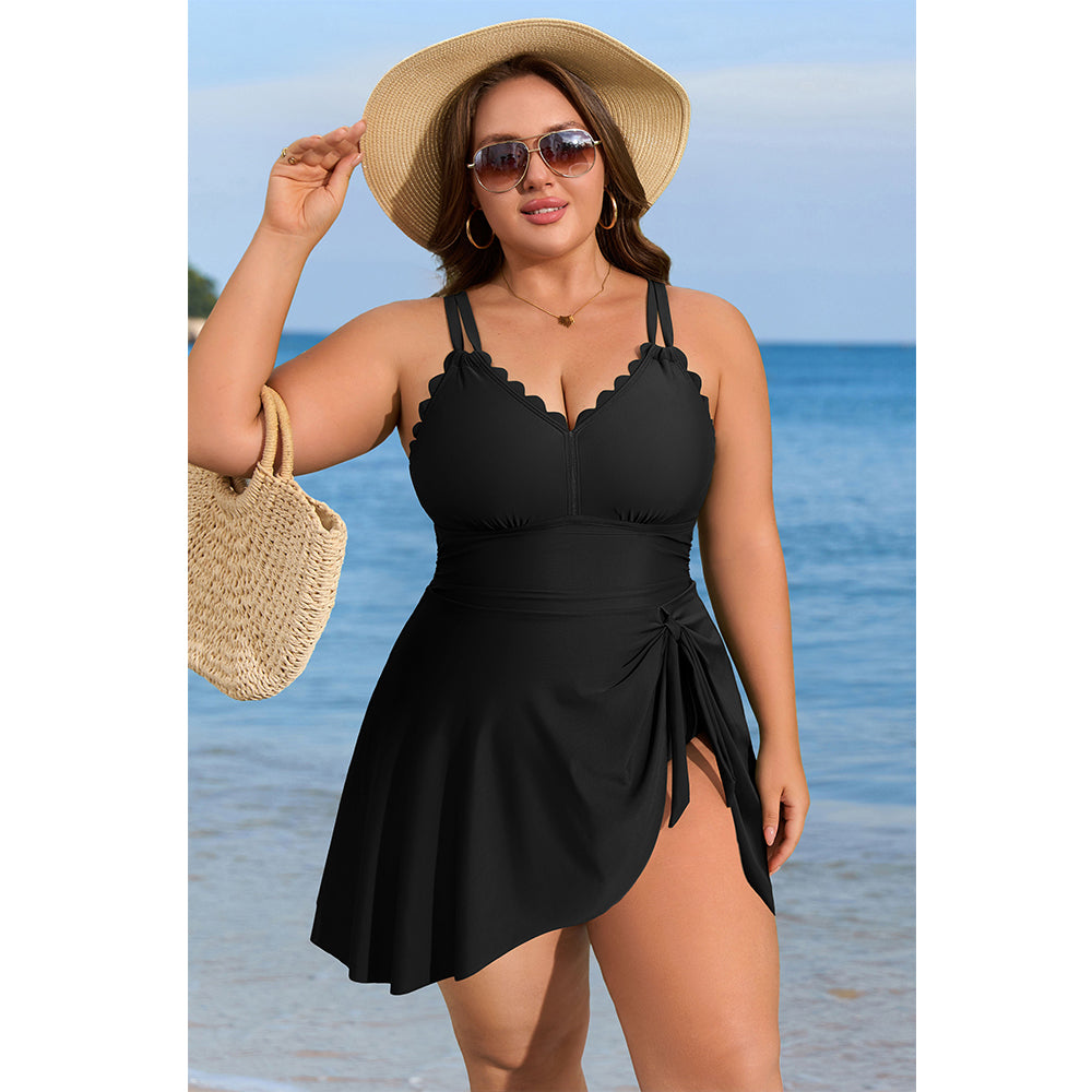 Charmo Women's Plus Size One Piece Swim Dress Tummy Control Swimsuit with Scalloped Neck & Flowy Skirt