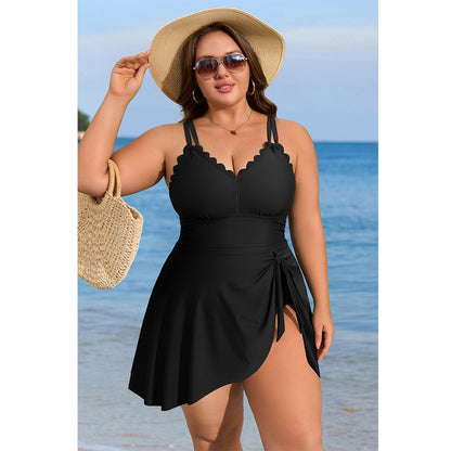 Charmo Women's Plus Size One Piece Swim Dress Tummy Control Swimsuit with Scalloped Neck & Flowy Skirt