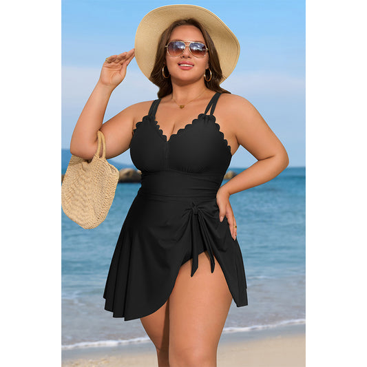 Charmo Women's Plus Size One Piece Swim Dress Tummy Control Swimsuit with Scalloped Neck & Flowy Skirt