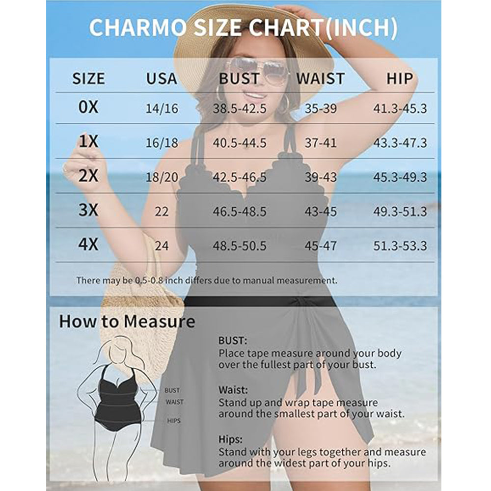 Charmo Women's Plus Size One Piece Swim Dress Tummy Control Swimsuit with Scalloped Neck & Flowy Skirt