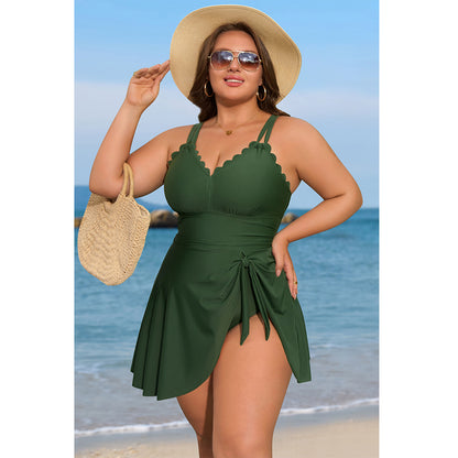 Charmo Women's Plus Size One Piece Swim Dress Tummy Control Swimsuit with Scalloped Neck & Flowy Skirt