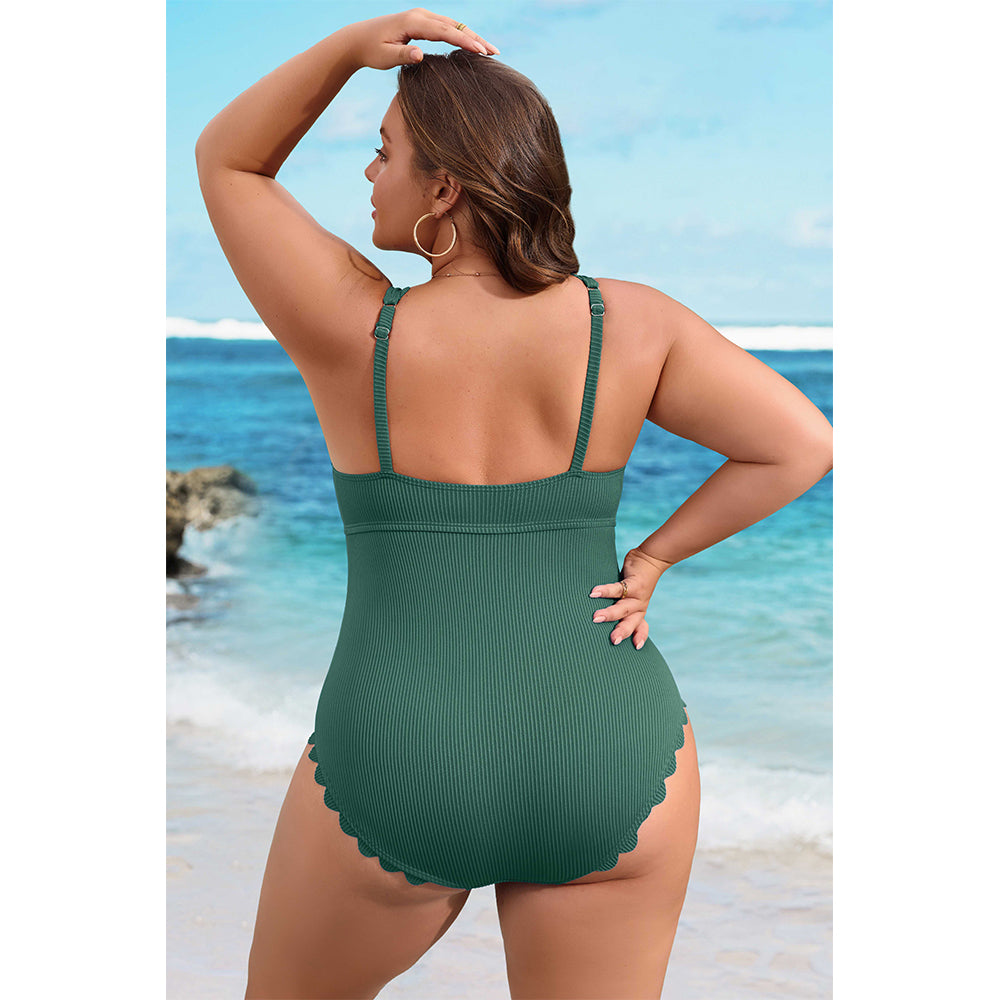Charmo Women's Plus Size Ribbed One Piece Swimsuit Scalloped Trim Tummy Control Bathing Suit