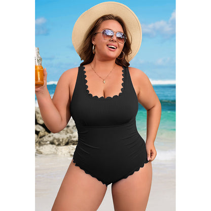 Charmo Women's Plus Size Ribbed One Piece Swimsuit Scalloped Trim Tummy Control Bathing Suit