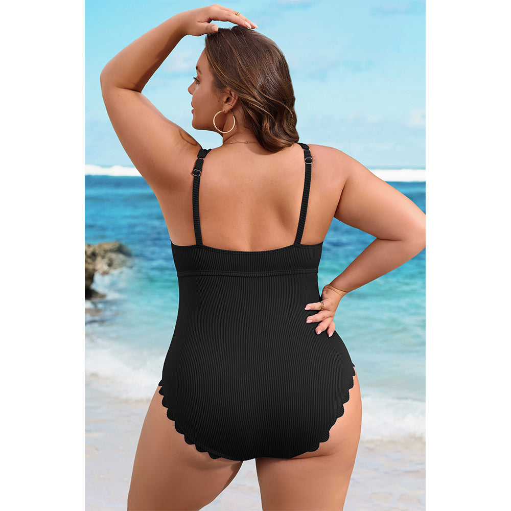 Charmo Women's Plus Size Ribbed One Piece Swimsuit Scalloped Trim Tummy Control Bathing Suit