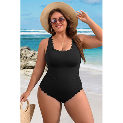 Charmo Women's Plus Size Ribbed One Piece Swimsuit Scalloped Trim Tummy Control Bathing Suit