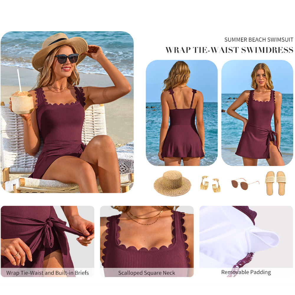Charmo Women's One Piece Swim Dress Scalloped Square Neck Modest Swimsuits Tummy Control Bathing Suit with Skirt