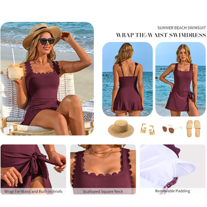 Charmo Women's One Piece Swim Dress Scalloped Square Neck Modest Swimsuits Tummy Control Bathing Suit with Skirt