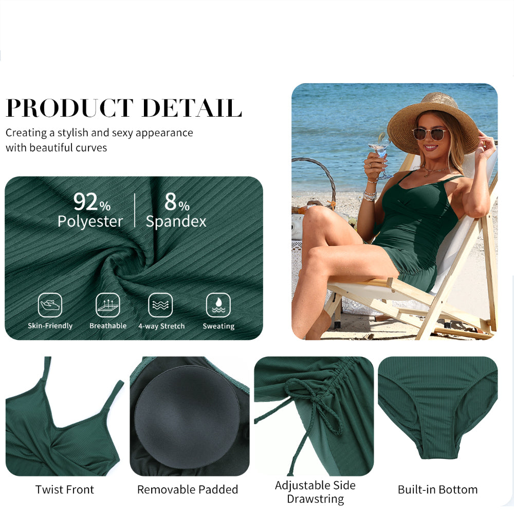 Charmo Women's Ruched Wrap-Front Swim Dress: Adjustable Tie & Slimming Bodycon Silhouette One Piece Swimsuit
