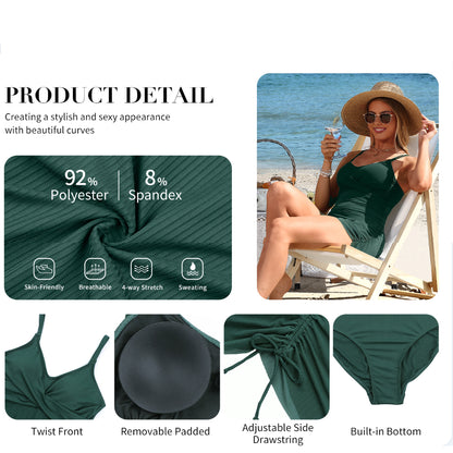 Charmo Women's Ruched Wrap-Front Swim Dress: Adjustable Tie & Slimming Bodycon Silhouette One Piece Swimsuit