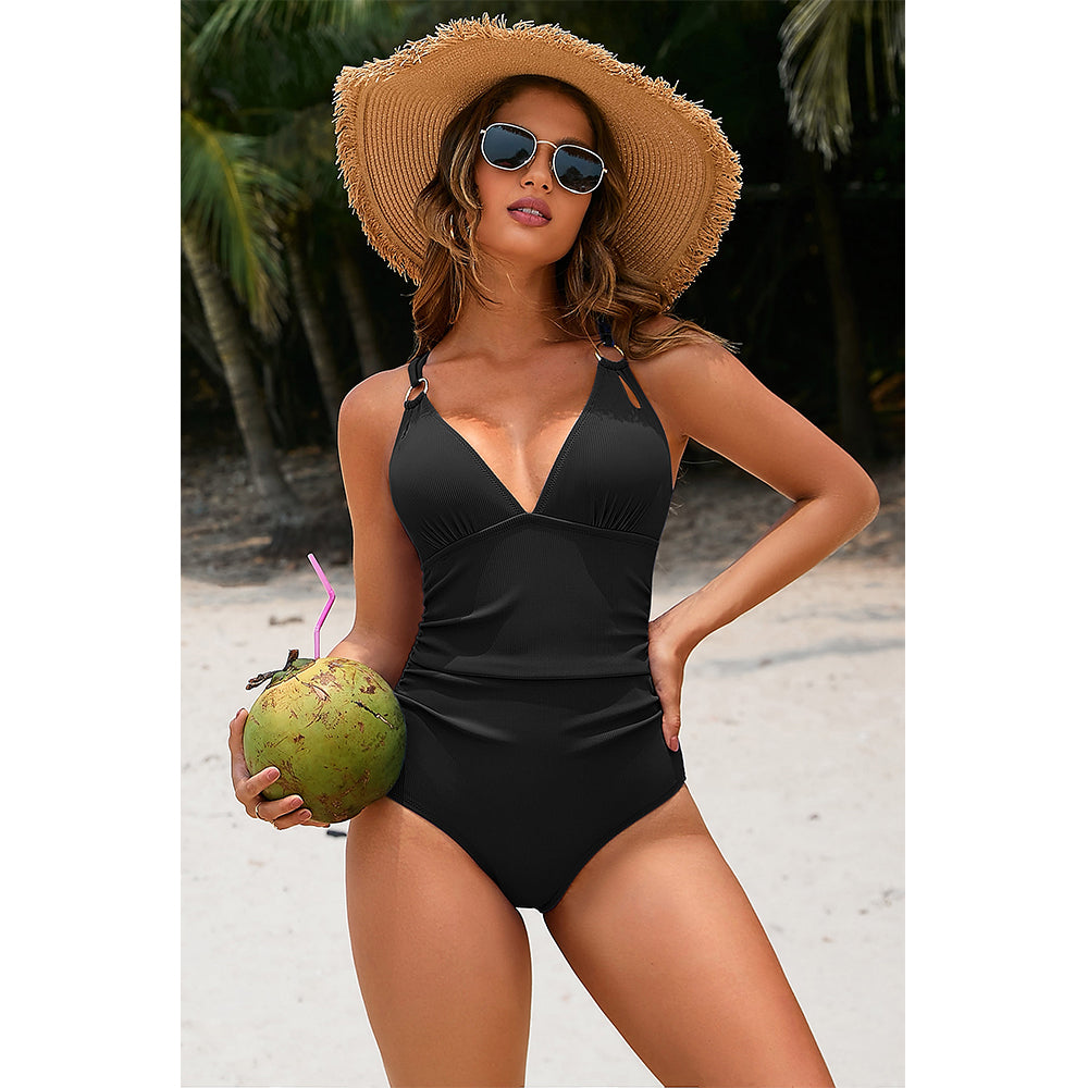 Charmo Women's Deep V-Neck Crisscross Back One-Piece Swimsuit Tummy Control Bathing Suit