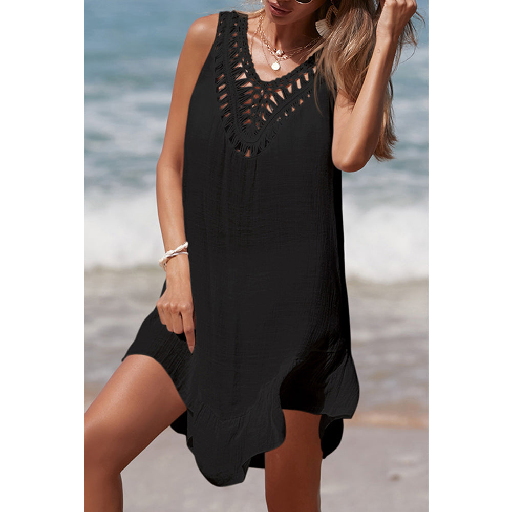 Charmo Women's  Crochet Neckline Pom-Pom Tassel Open Back Sheer Cover Up Dress Beach Dress