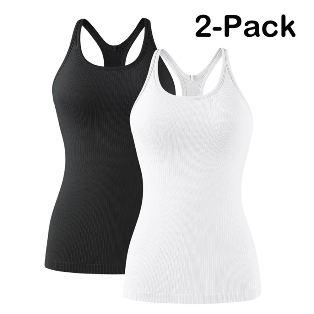Attraco 2 Pack Ribbed Workout Tank Top with Built in Bra for Women Tight Fit Seamless Yoga Top