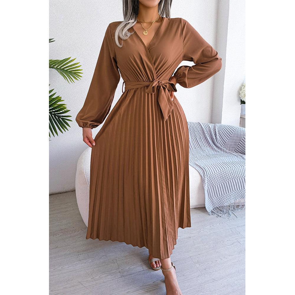 Attraco Women's Wrap V-Neck Pleated Midi Dress Long Balloon Sleeve Belted A-Line Cocktail Wedding Guest Dress