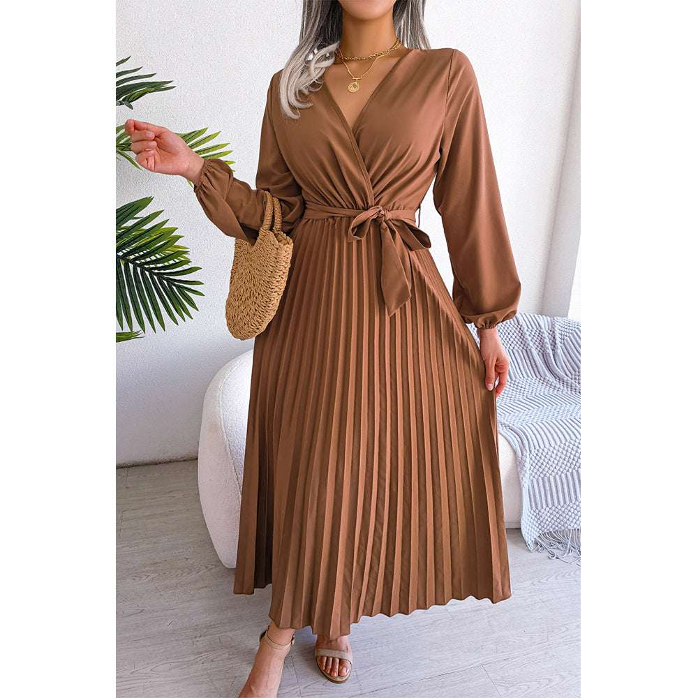 Attraco Women's Wrap V-Neck Pleated Midi Dress Long Balloon Sleeve Belted A-Line Cocktail Wedding Guest Dress