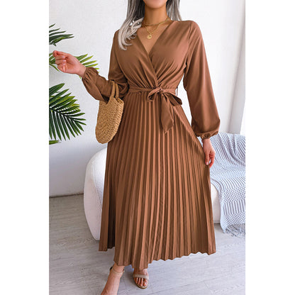 Attraco Women's Wrap V-Neck Pleated Midi Dress Long Balloon Sleeve Belted A-Line Cocktail Wedding Guest Dress
