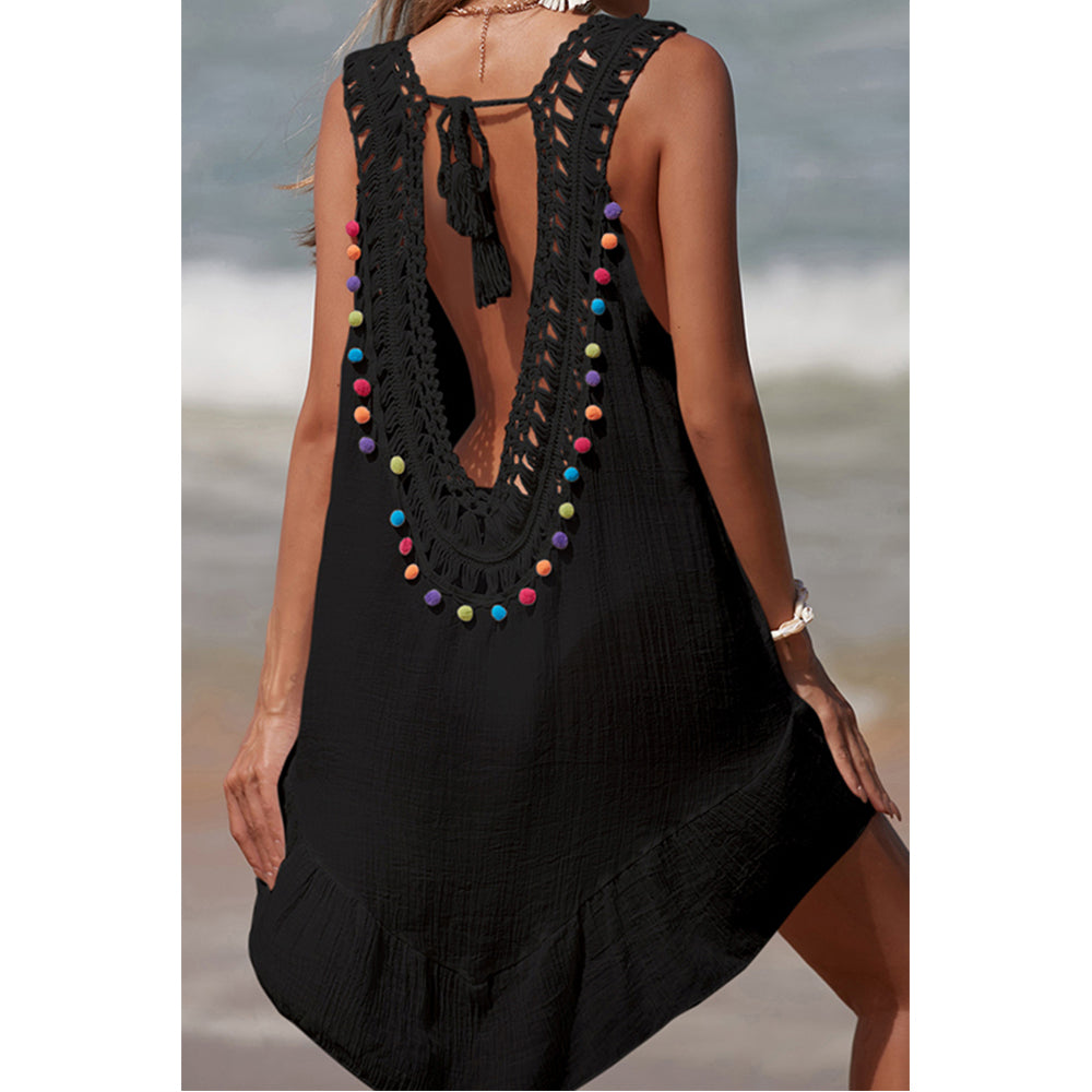 Charmo Women's  Crochet Neckline Pom-Pom Tassel Open Back Sheer Cover Up Dress Beach Dress