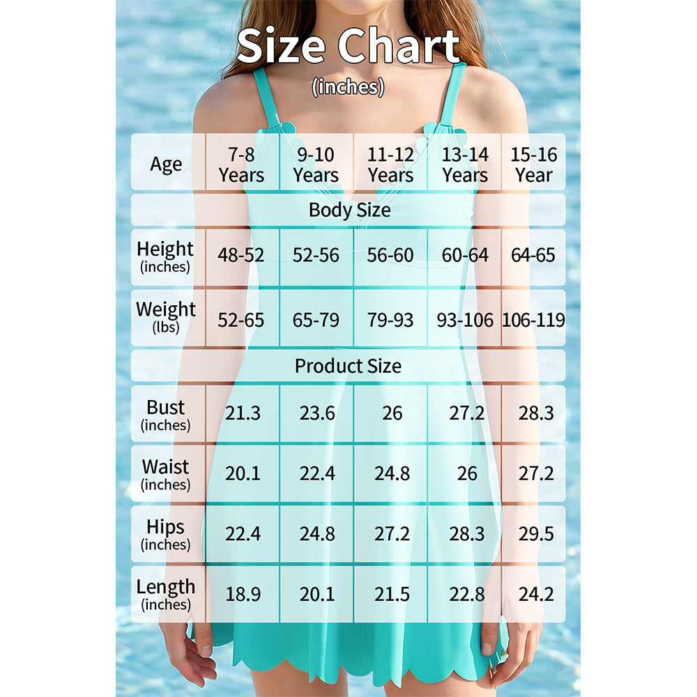 Charmo Girls Scalloped V Neck Adjustable Strap Skirted One Piece Swimsuit with Built-in Brief Swim Dress 7-16 Years