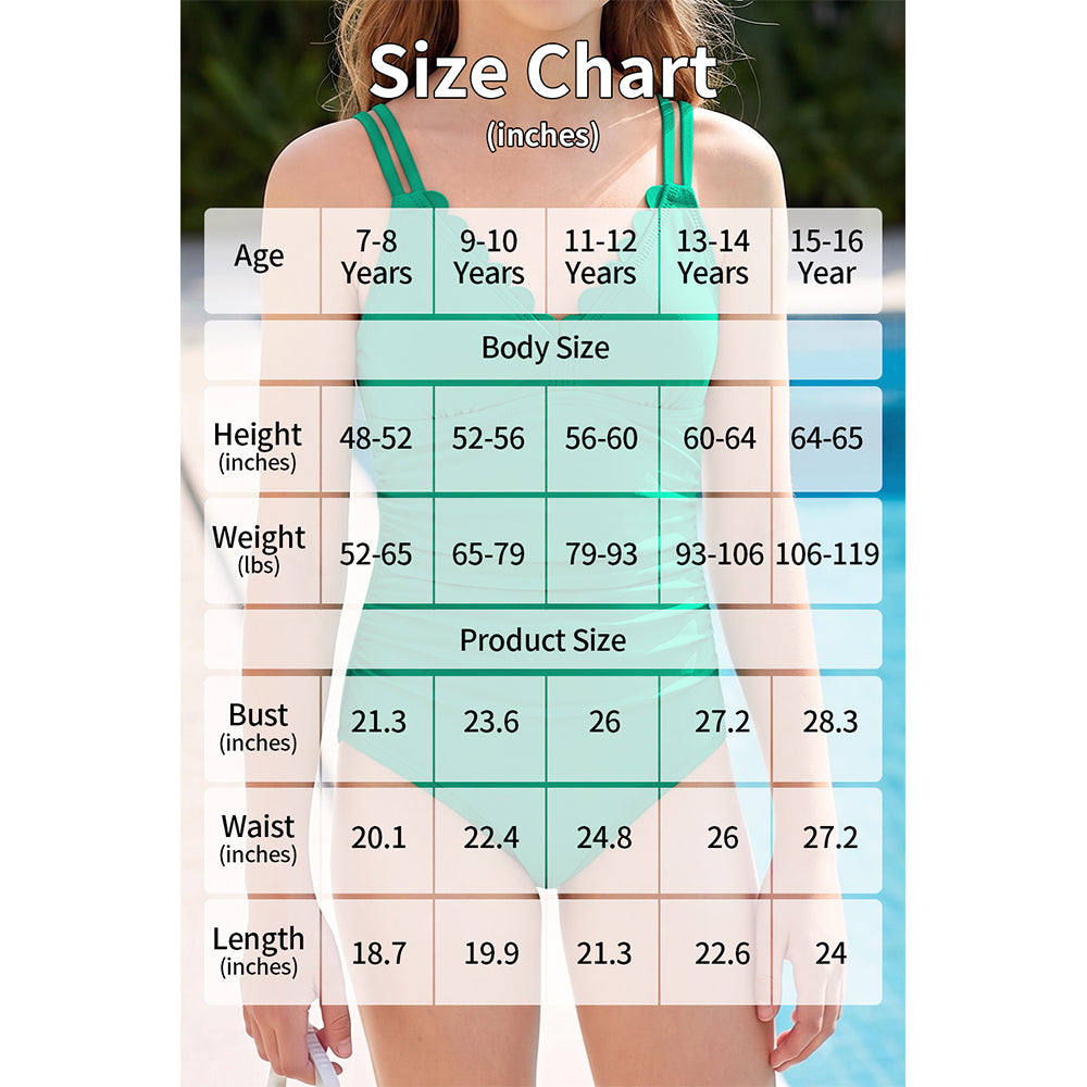 Charmo Girls Scalloped One Piece Swimsuit Ruched Double Adjustable Straps Bathing Suit Swimwear 7-16 Years