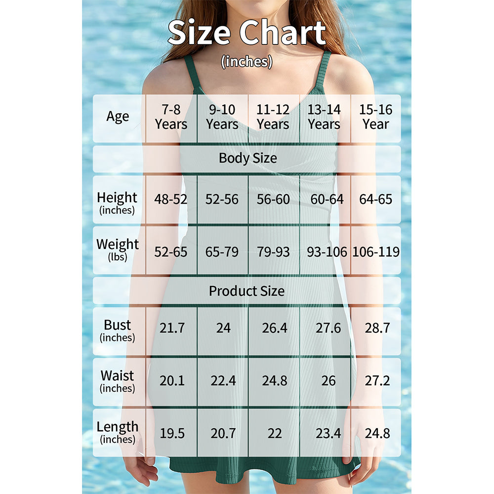 Charmo Girls Ribbed Wrap V Neck Adjustable Strap One Piece Swimsuit With Built-in Brief Swim Dress